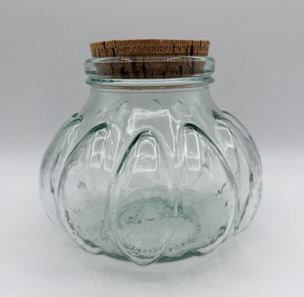 Italian Pumpkin Shaped Green Glass Apothecary Jar Canister 6” Cork Lid Italy